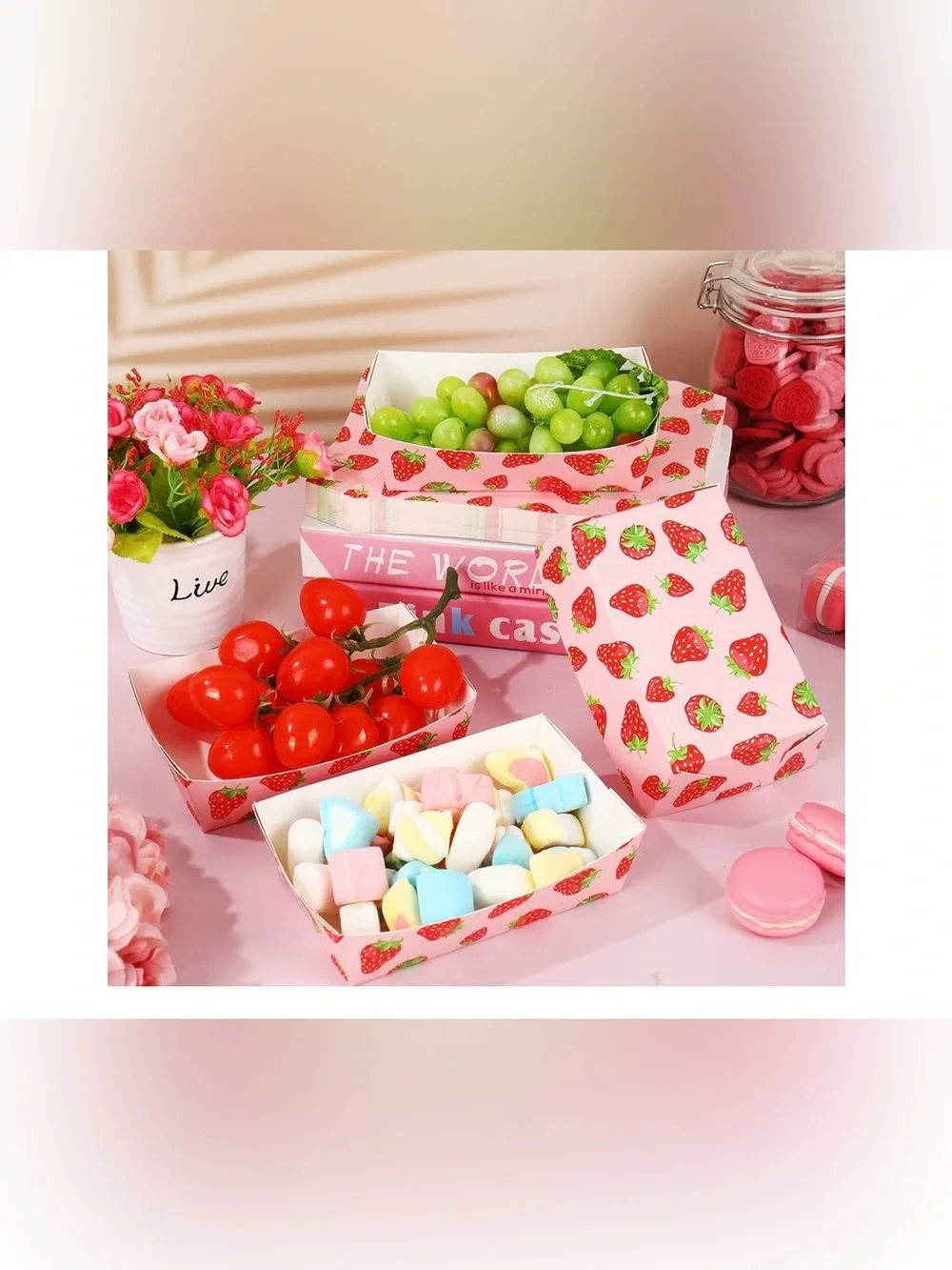 50Pcs Strawberry Paper Food Trays Pink Red Berry Fruit Food Boats